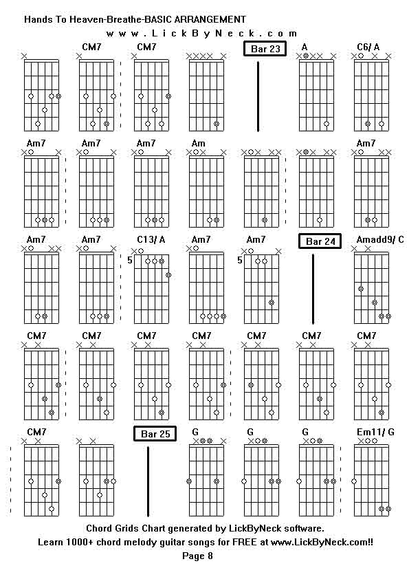 Chord Grids Chart of chord melody fingerstyle guitar song-Hands To Heaven-Breathe-BASIC ARRANGEMENT,generated by LickByNeck software.